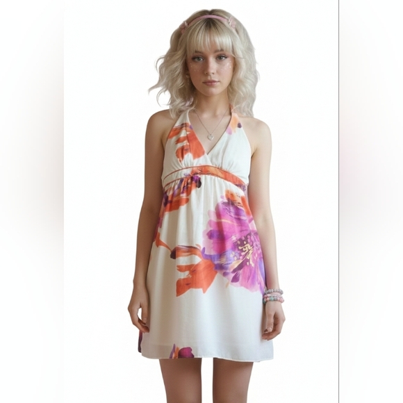 Bisou Bisou Dresses & Skirts - Bisou Bisou Y2K Babydoll Halter Dress Size 6 Floral Satin Festival Boho Coquette